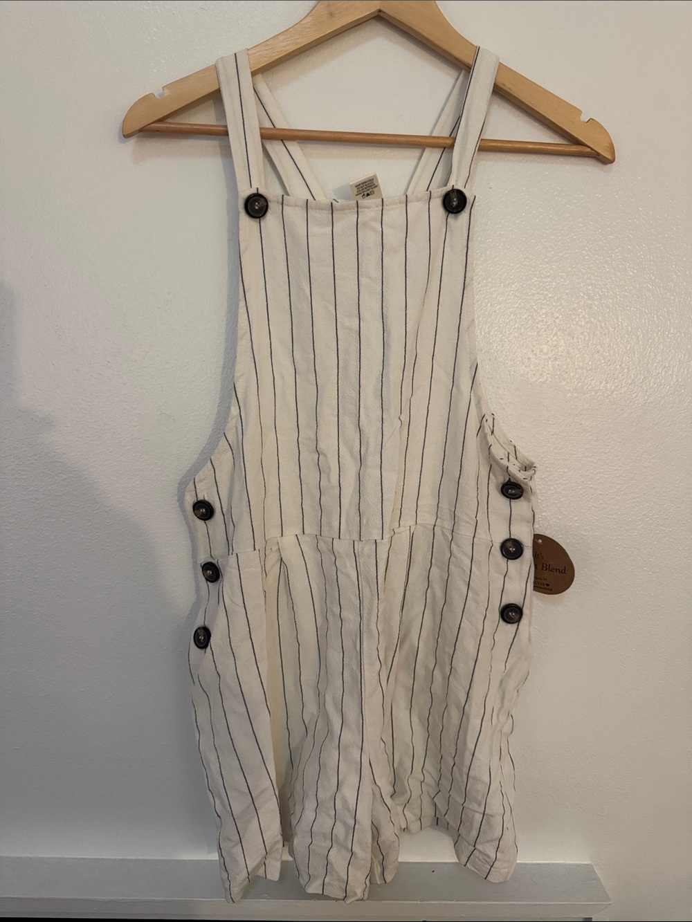 T.J.Maxx Cream and Black Pinstripe Button-Shoulder Romper